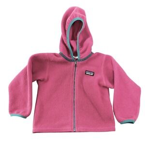 Patagonia Fleece Hooded Jacket Kids Pink Teal Trim Size 2T Zip Up Warm